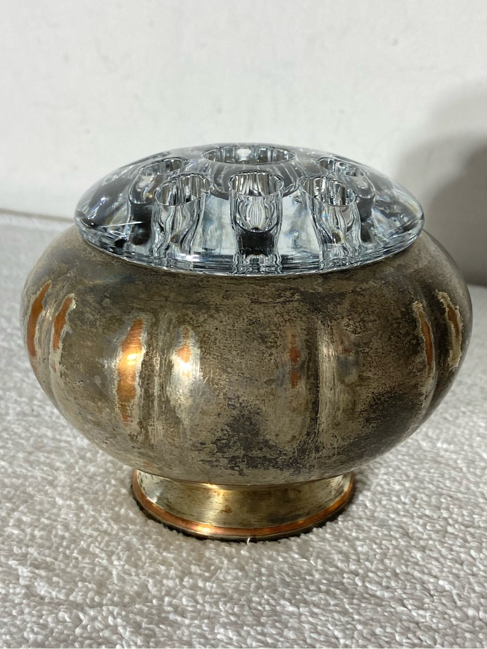 Vintage Marlboro Silver Plated on Copper Rose Bowl W Clear Glass Flower Frog